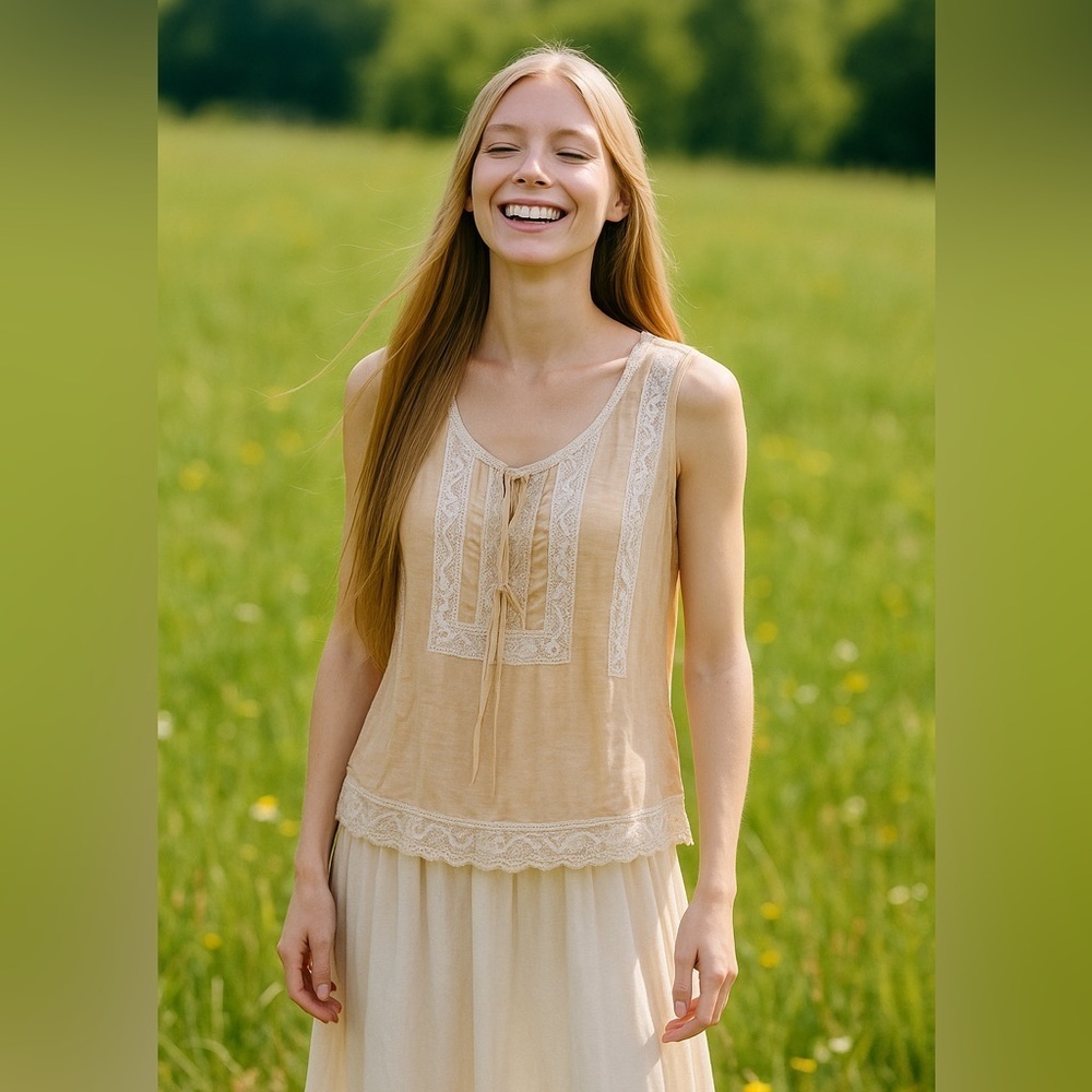 NWOT POL Clothing Tan Lace Boho Tie Front Relaxed Blouse Top Size S
